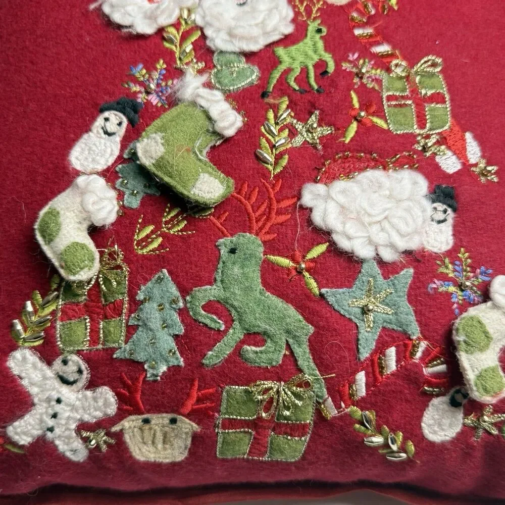 Holiday Wool Blend Embellished Christmas Tree Throw Pillow Zip Cover 16”x16”